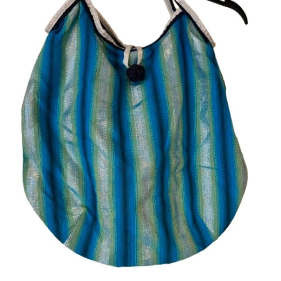 Blue Striped Shoulder Bag w/Pom Pom Closure - Picture 2 of 5